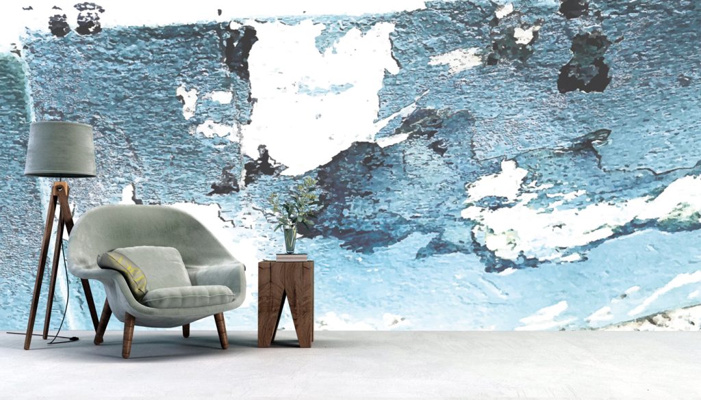 Carta da parati artistica astratta Blue Horizon Andrea Rizzati toni blu texture fluida design minimal